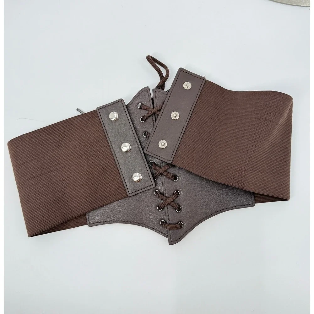 Unbranded Corset Belt Women OS Brown Lace Up Elastic Cinch Waist Faux Leather